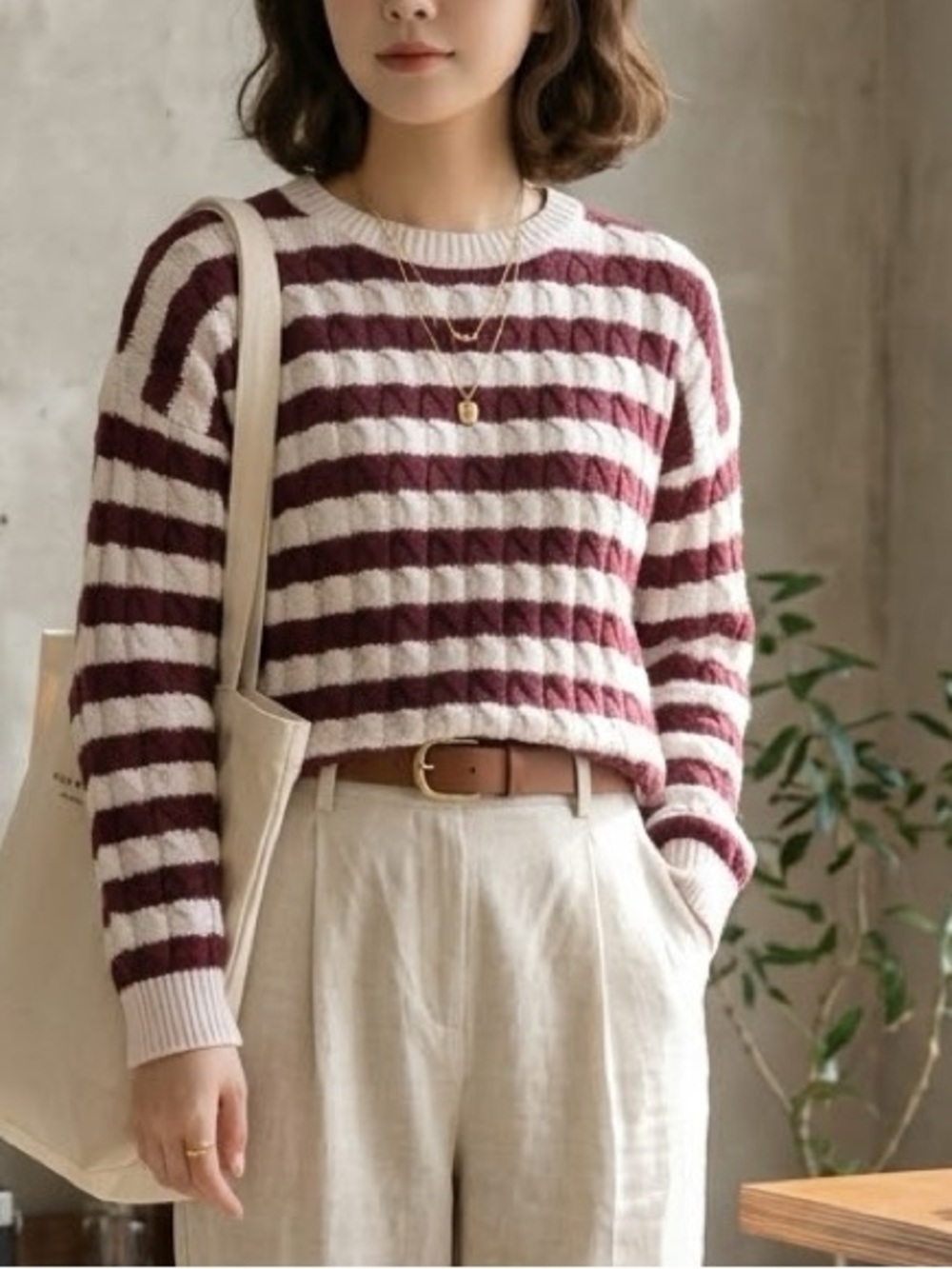 Moon River Burgundy and Cream Striped Knit Sweater